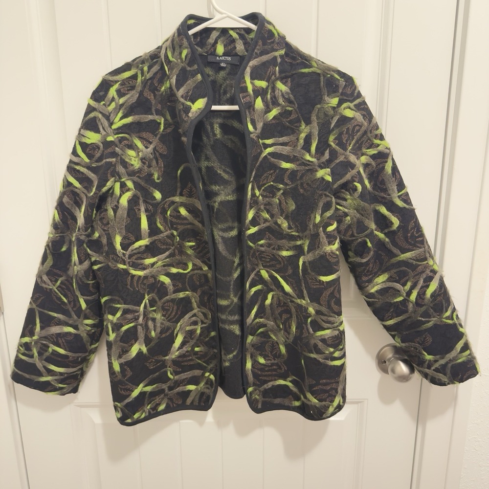 Kaktus Women's Open Front Blazer Black Lime Green/Gray Textured Design Size XL‎